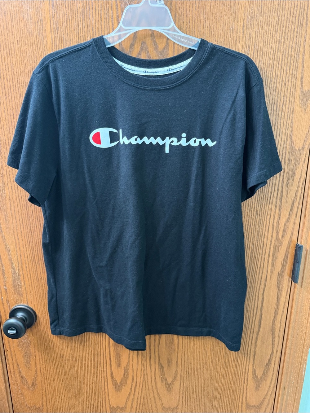 Champion Black Short Sleeve Tee with White Script and Red Logo